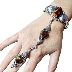Navajo KWY Mexican Fire Agate Slave Silver Bracelet